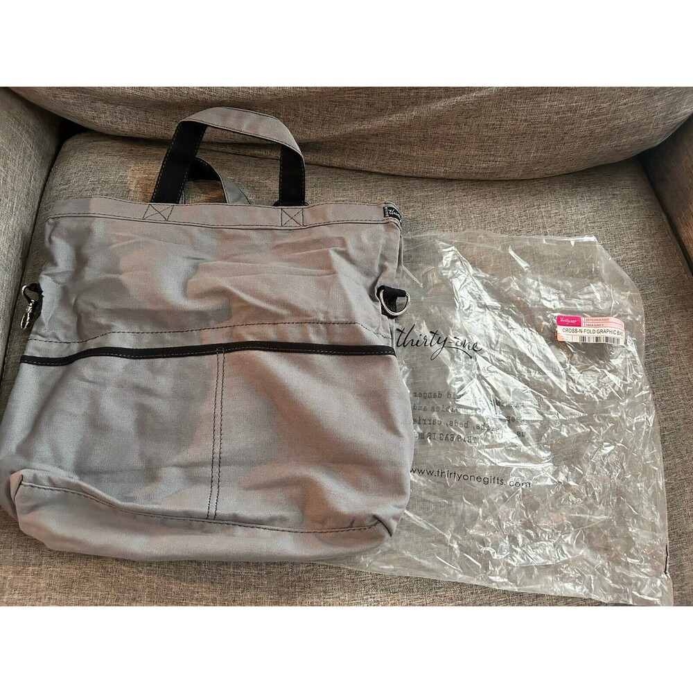 Thirty One Cross N Fold Graphic Bag Gray Crossbody Tote New
